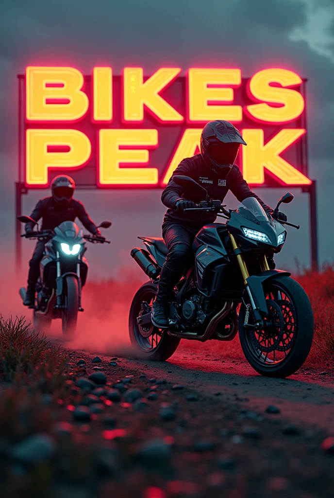 motocross, Japan, to become night, Bikes Peak lettering in orange, big letters, striking design, very realistic cyberpunk type letters, eye-catching motorcycles, Yamaha, enduro bikes, Yamaha, 