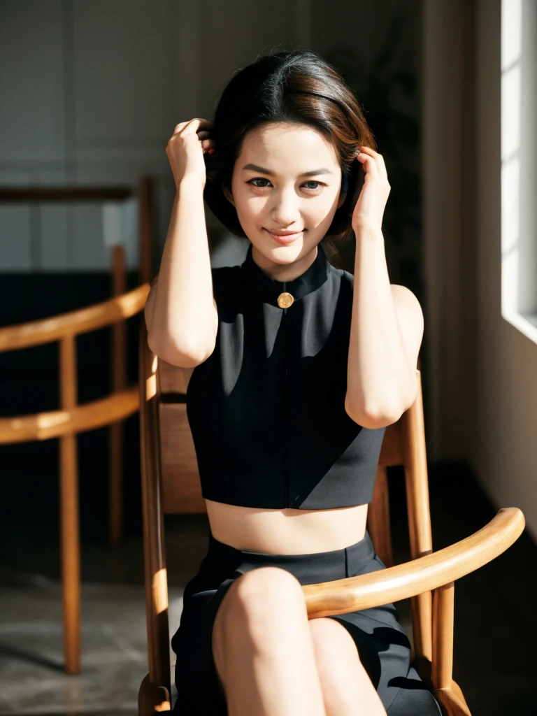 Upper body of a beautiful gorgeous young cute Asian woman, 21yo., very beauty long and slender bright glowing face, Asian winged eyes, wavy nose, bright smiling, full wide lips, still from the film, (((young Marion Cotillard blended face mixed with young Anne Hathaway))), Realistic human texture skin, Realistic studio photography, poised woman fair complexion, dressed vibrant crop top full sleeves black high collar detail, sits elegantly olive chair, duplicated chairs adjacent, forming coherent row, red headscarf encases hair, Leica SL3, Summicron-SL 75mm ASPH, F/5, (cinematic still:1.2), Film Never Die Kiro 400 film, bokeh, rim lighting, silhouette, shallowed depth of field, dynamic hands up,