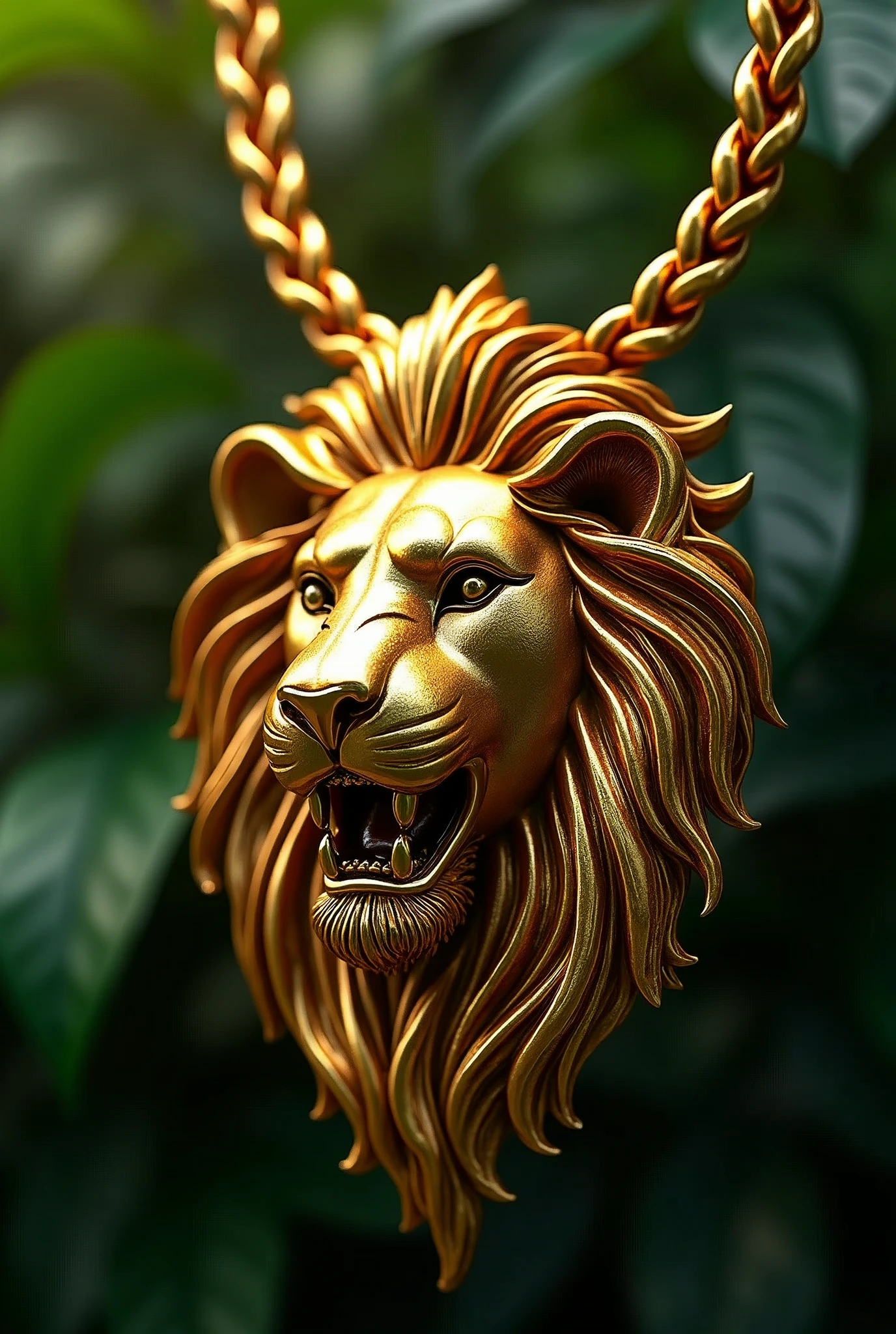 jah lion necklace, photorealistic, highly detailed, gold necklace, intricate lion head design, shiny metallic finish, lush tropical foliage background, dramatic lighting, cinematic composition, vibrant colors, masterpiece