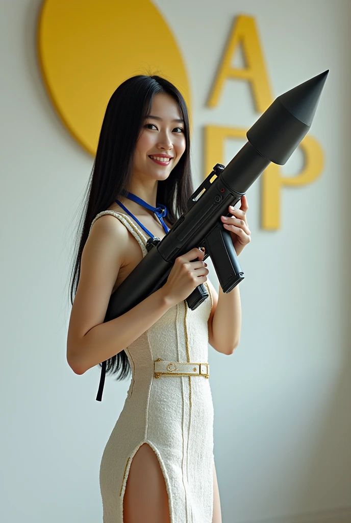 ((A brave woman who attacks with a rocket launcher that is 10 times the size of her body, 1 person)), 28 years old. Long straight black hair, slim face, very thin and fair skinned. She wears a beautiful Dior-esque white light tweed dress with gold accents. On stage for "Rocket Launcher", she wears a gorgeous dress with a blue strap around her neck and holds a ((Giant Rocket Launcher:1.3)). She smiles as she speaks to the audience. Behind her is a white wall with a yellow Sea Art logo painted on it. She has good style. Her eyes seem to have interesting and clever thoughts. Her overall vibe exudes confidence and determination as she shares her knowledge of AI technology with people from all walks of life. That's Sea Art's way of speaking. She points her ((Rocket Launcher:1.3)) at the audience.