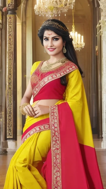 Beautiful Indian queen, with crown,Indian outfit (Royal saree and blouse), sexy figure, seductive pose, looking at the viewer, proud, breast size 34d, cleavage, in a royal palace, Sof light, butterfly light, realistic, smiling