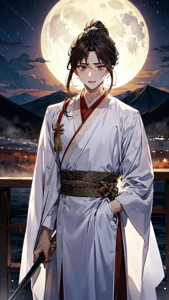 handsome boy，He has a handsome and gentle face，his long brown hair is tied in a ponytail。Wearing exquisite red and black Hanfu，With white embroidery，Royal prince noble temperament，There is aura。awe-inspiring heroic aura，Mountains in the distance，Fall，Silent night，mist，Lonely night，a god dancing with a spear under the moon，Sophisticated and refined，Handsome，Delicate face，a refined nose bridge，Delicate lips，White skin