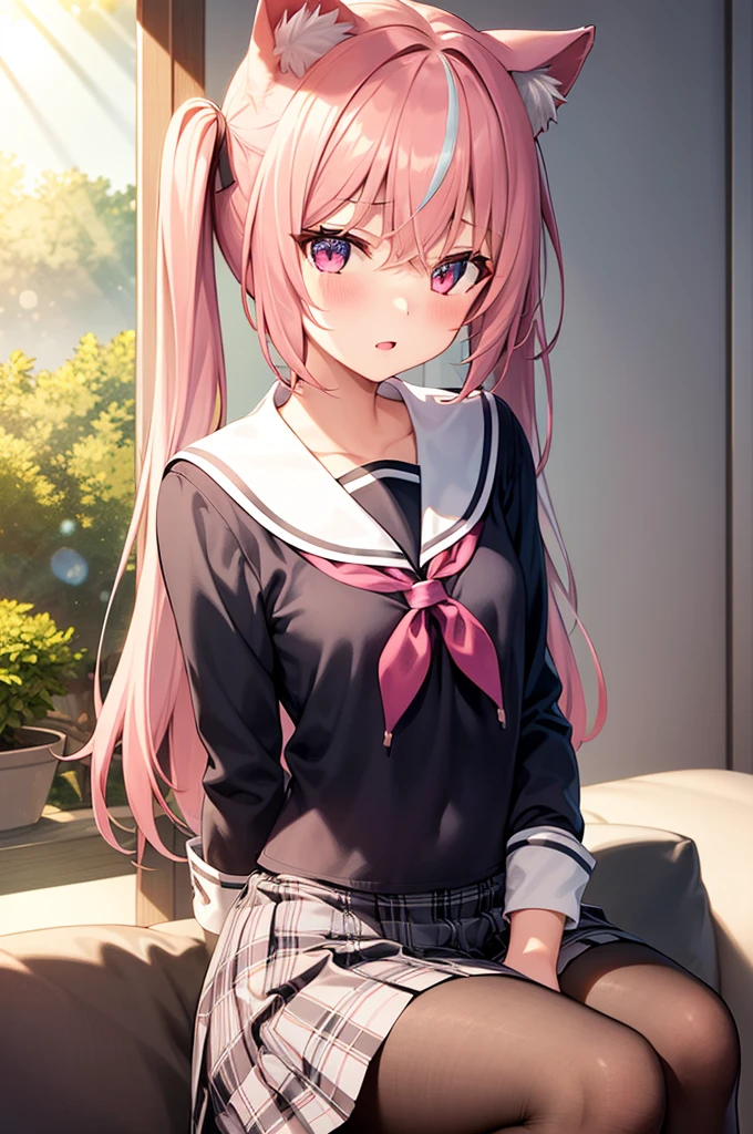 1girl, (upper body:1.3), cat girl, Cat ears, grey hair, streaked hair, pink hair, long hair, hair between eyes, twintails, sailor collar, highly_detailed, extremely_detailed_CG_unity_8k_wallpaper, highres, absurdres, beautiful_detailed_eyes, finely_detailed_clothing, finely_detailed_light, highly_detail_hair_, colorful, light rays, caustics, aistics, lens flare, bokeh, nsfw, flat-chested, pink eyes, silk stockings, JK Uniform Plaid Skirt, school uniform, Light pink mini skirt, blush, score_anime, score_9, score_8_up, masterpiece, beautiful scenery, illustration, Sitting on the sofa
