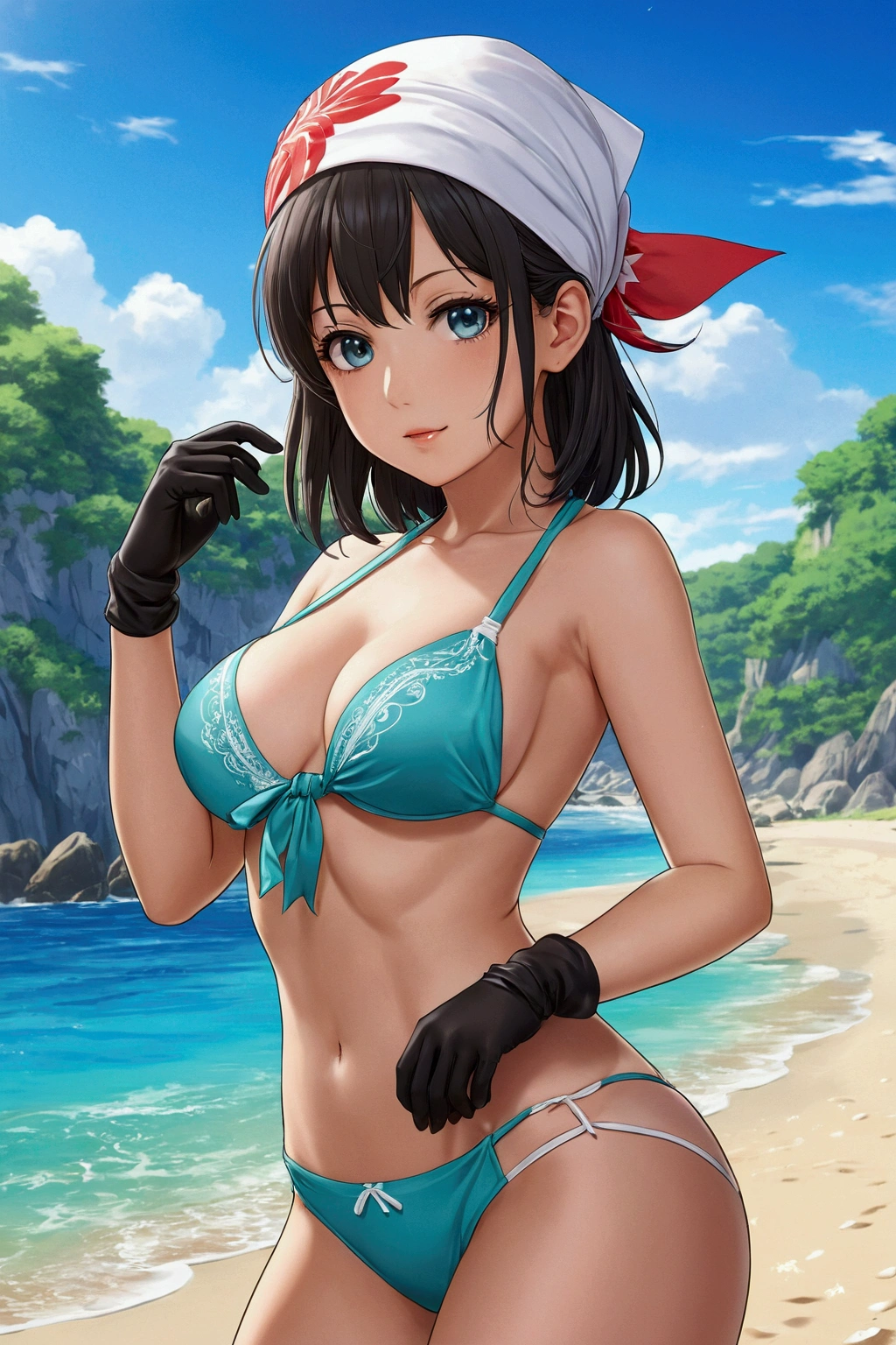 anime girl in bikini with bandana and gloves on the beach, seductive anime girl, Realistic bikini, attractive anime girl, female protagonist 👀 :8, mejor anime girl, (anime girl), I will also make fanart., high quality anime art style, wears a bathing suit, female anime character, Ayaka Genshin Impact, Moe anime art style, visual anime of a cute girl