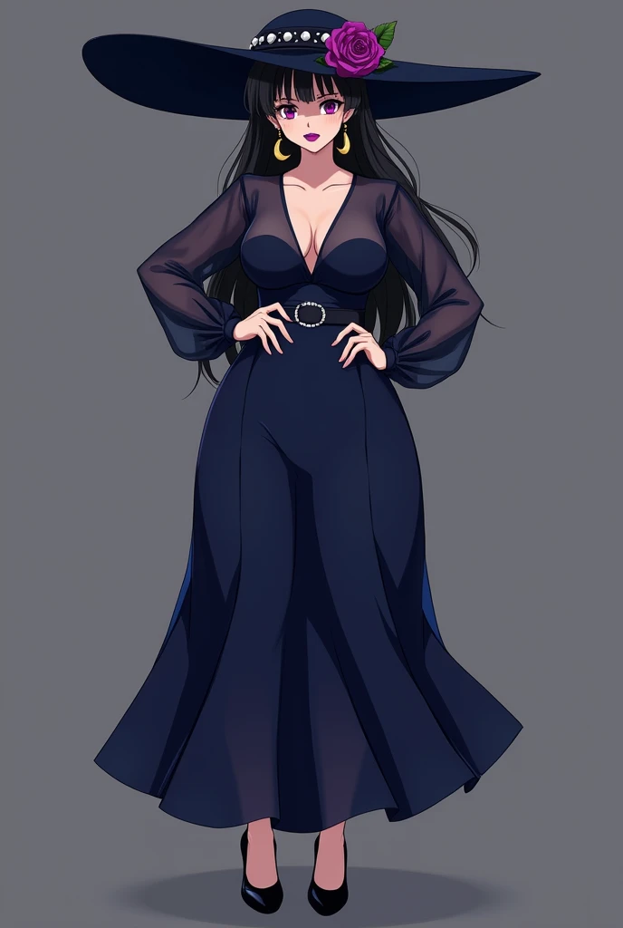 She was wearing a long hat with a rose on it、A dress that covers the whole body and reaches down to the ankles, with a belt around the waist.、Overall in navy blue、Cover your chest and neck with a sheer top、She has purple lipstick and moon earrings、She was wearing black heels and had a curvaceous body.、With small eyes and a round face、Long Black Hair、A late 20s anime girl who looks like Deborah Arlini from My Hero Academia
