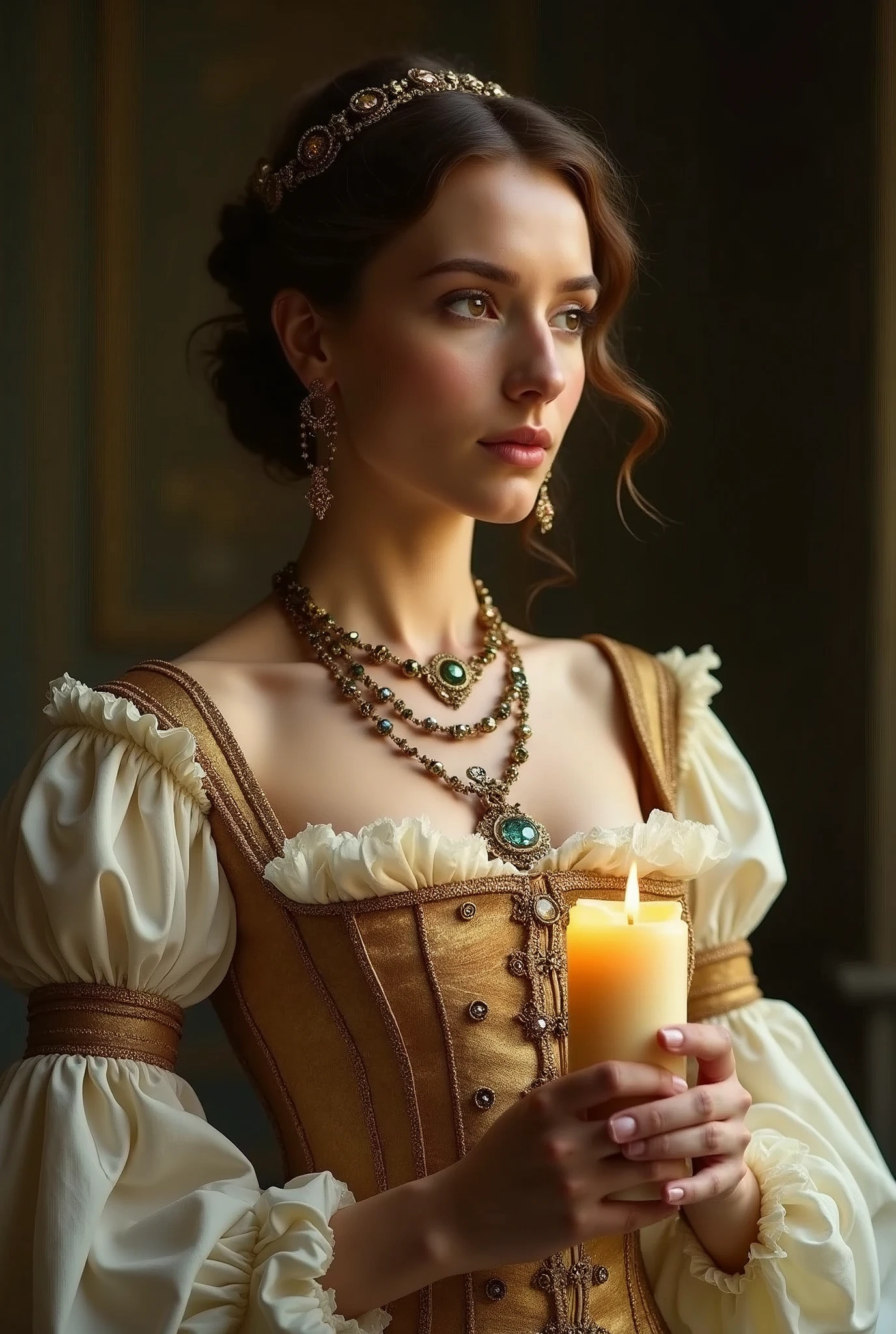A woman in a dress、Wearing necklaces and earrings、Close up of lady holding barrel candle in hands, in a high Renaissance style, in a Renaissance style, in Renaissance style, Renaissance Portraits, realistic Renaissance Portraits, ornate portrait, golden corset, Renaissance style, elegant portrait, Beautiful Portrait, very Beautiful Portrait, Medieval Portraits, Stunning Portraits, Victorian female portrait, A beautiful Victorian woman,Holding aromatherapy in hand