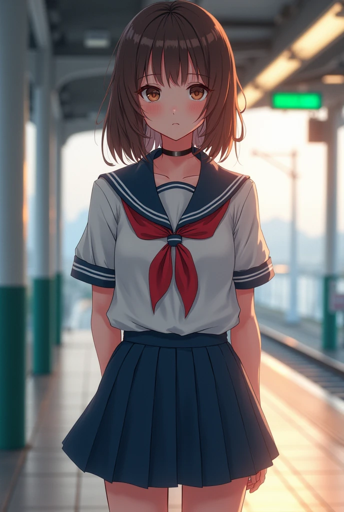 masterpiece, high school girl,Standing at the station,(Japanese Idols:1.4), Brown Hair, Plump breasts, Blushed, From below, (school uniform)