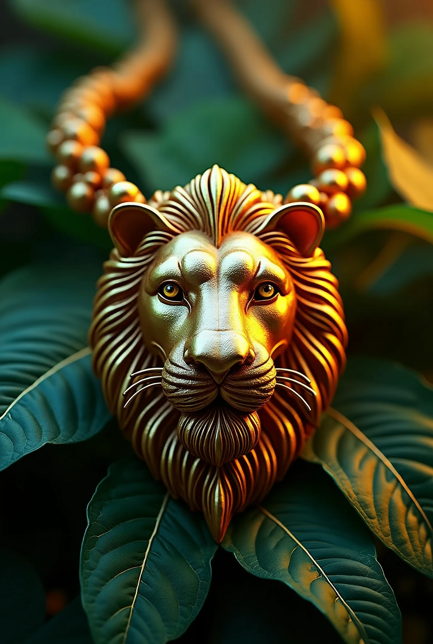 jah lion necklace, photorealistic, highly detailed, gold necklace, intricate lion head design, shiny metallic finish, lush tropical foliage background, dramatic lighting, cinematic composition, vibrant colors, masterpiece