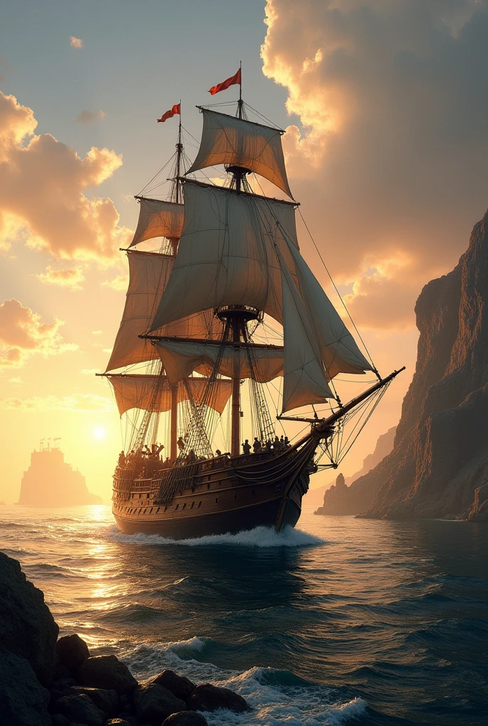 XVII century ship, northern Europe, evening light, athlantic, American Port quite nearby