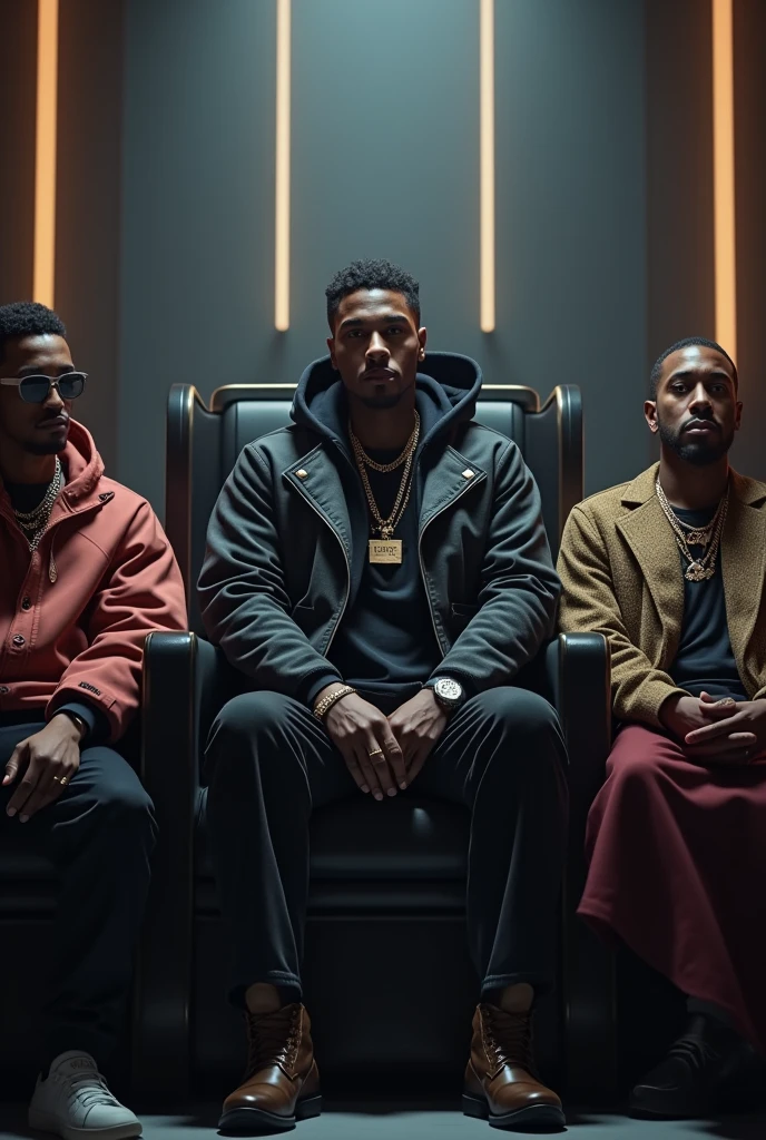 A modern 2024 black rapper artist sitting on a throne in the middle of a round table where others rappers competitors artists are seated.