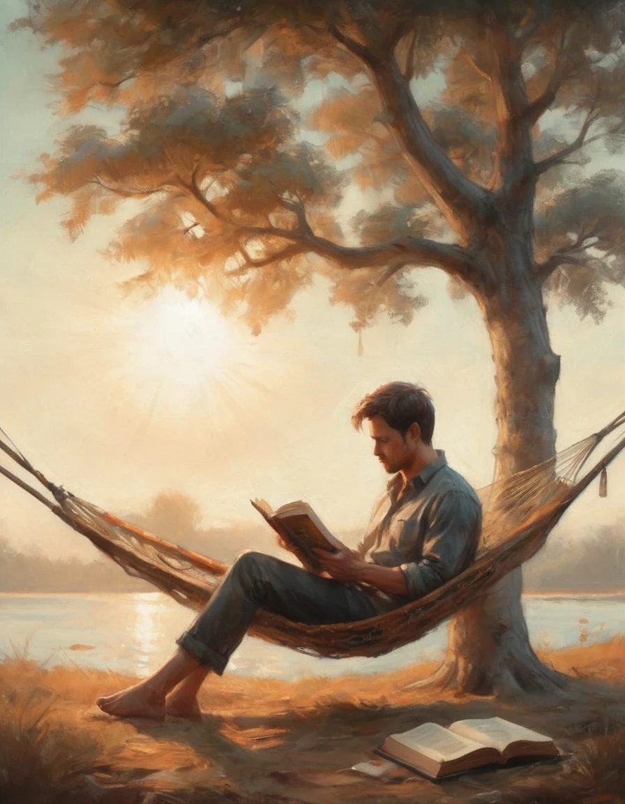 Hyperreal digital art style, "Fairytale", fantasy world coming out of centered book, open book, hyperdetailed double exposure fantasy illustration, masterpiece, cinematic, by Andreas Lie, Luke Gram, photorealism, backlit, gorgeous light, a man resting in a hammock reading a book