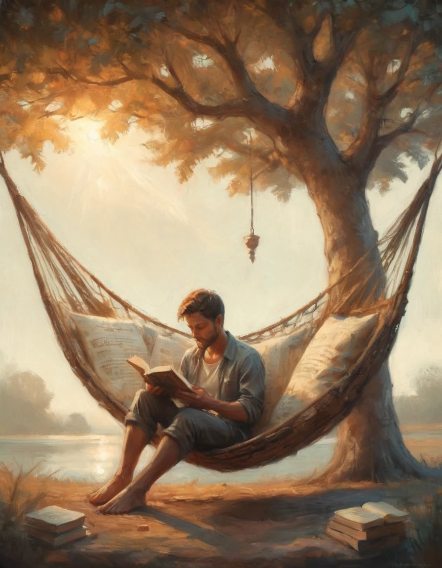 Hyperreal digital art style, "Fairytale", fantasy world coming out of centered book, open book, hyperdetailed double exposure fantasy illustration, masterpiece, cinematic, by Andreas Lie, Luke Gram, photorealism, backlit, gorgeous light, a man resting in a hammock reading a book