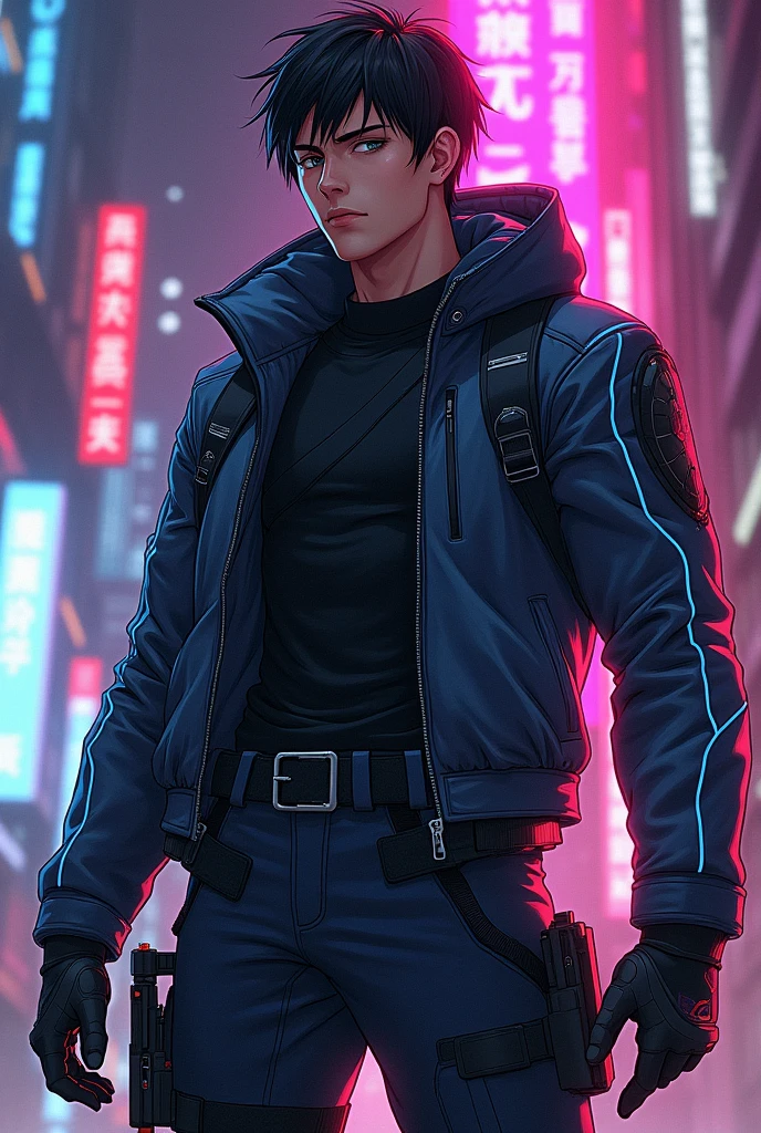 a full body anime style illustration of a man in a dynamic pose wearing techwear outfit in the style of akihiko yoshida, futuristic cyberpunk, inspired by ghost in the shell, 90s manga aesthetic, expressive face, in the style of afro samurai