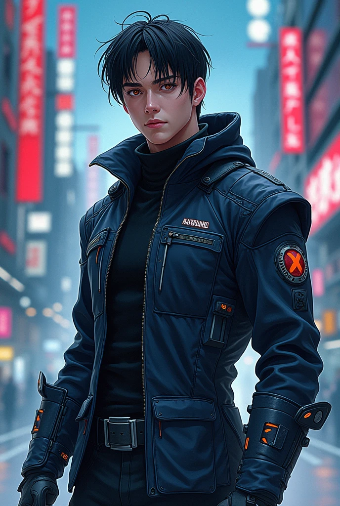 a full body anime style illustration of a man in a dynamic pose wearing techwear outfit in the style of akihiko yoshida, futuristic cyberpunk, inspired by ghost in the shell, 90s manga aesthetic, expressive face, in the style of afro samurai