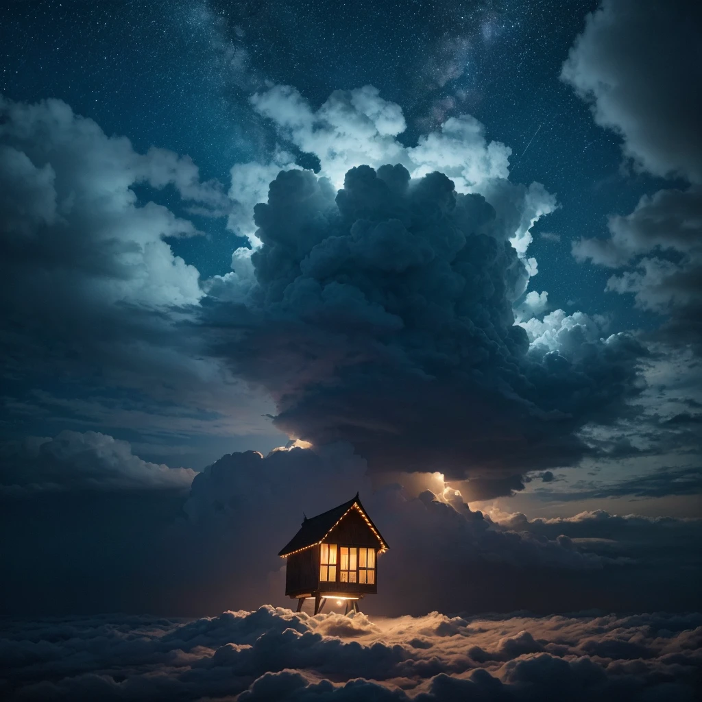 The night sky is full of clouds illuminated by the moonlight hidden behind them, huge, gigantic, luminous clouds, a straw house above the clouds, a house above the clouds