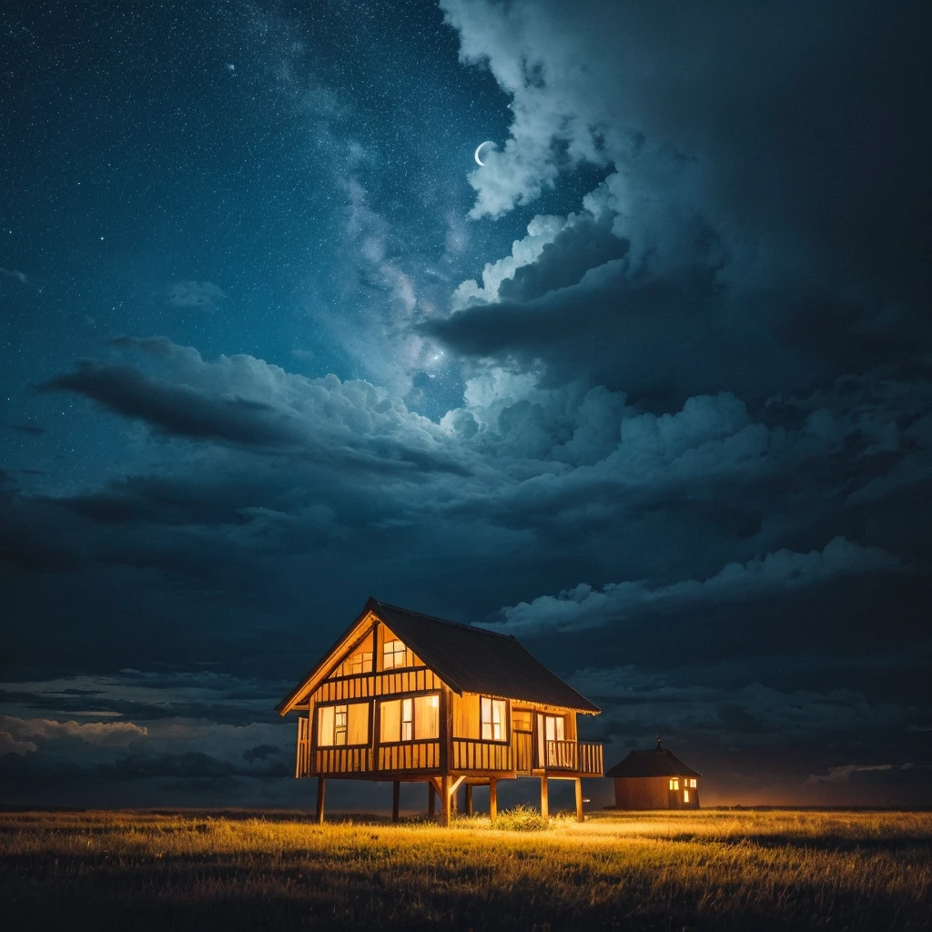 The night sky is full of clouds illuminated by the moonlight hidden behind them, huge, gigantic, luminous clouds, a straw house above the clouds, a house above the clouds