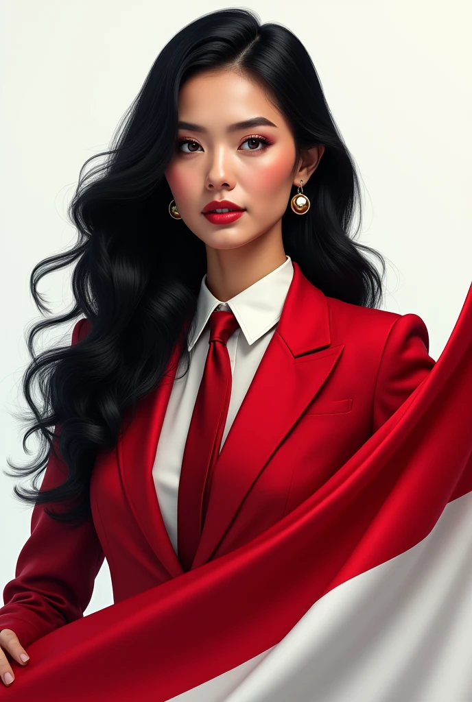 Portrait, beautiful woman, holding Indonesian flag, alpha female, shirt, blazer red, tie, elegant, black hair, white background