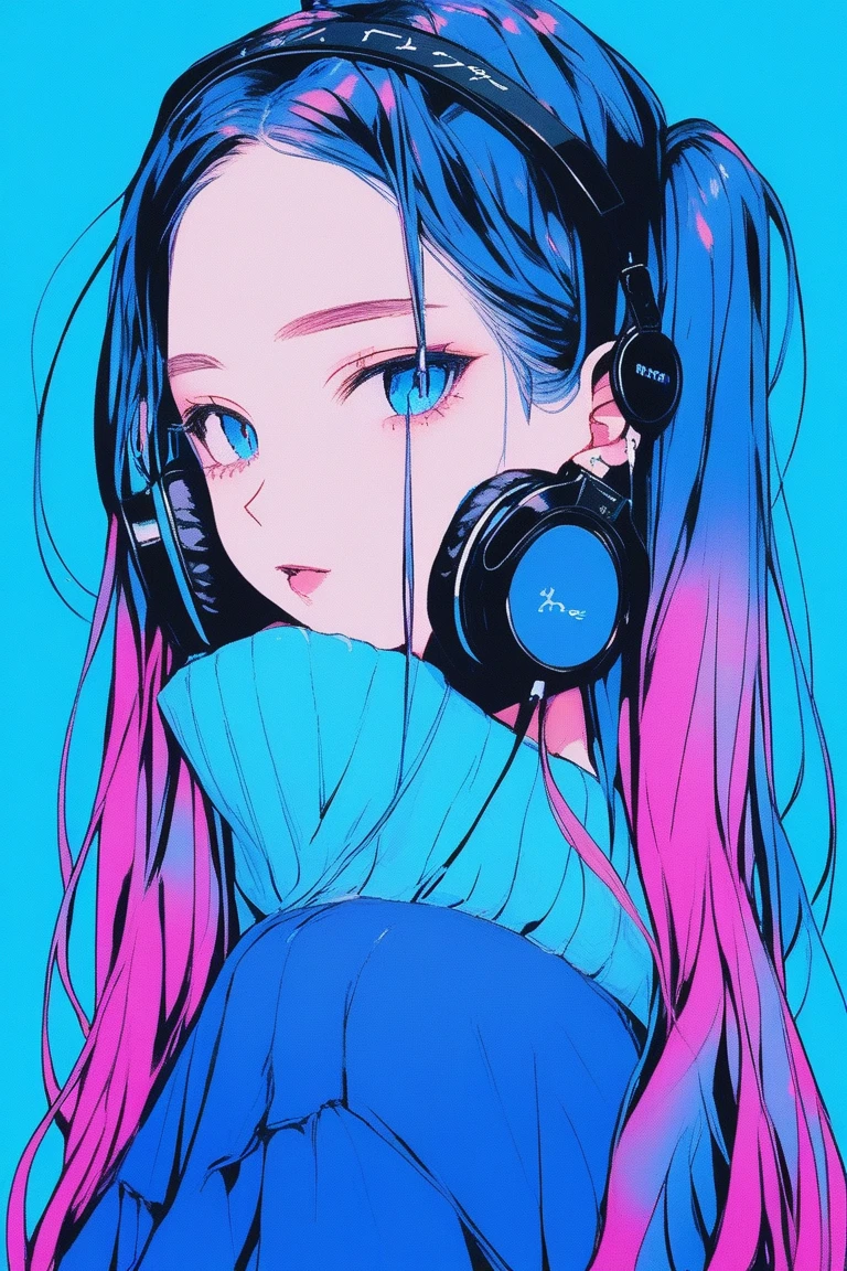 ((masterpiece,Highest quality)), 8k, anime , Realistic ,sketch, anime風のポートレート, 黒猫を連れたanimeの女性, 20-year-old, Blue gradient background, Off-the-shoulder knit, Neon long twin tail hair, lip, Big earrings, Wear headphones, Texture Trim, Canadian, Upper Body, (masterpiece,Highest quality)