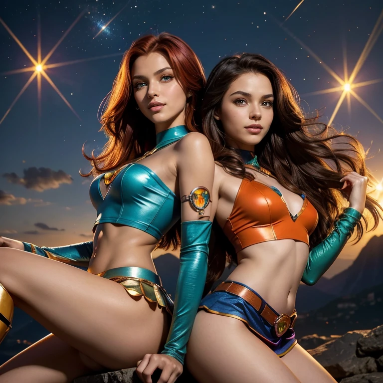 (masterpiece, best quality:1.5), highest quality, High resolution, super detailed, Realists, Full body photo of 18-year-old Starfire from Titans, detailed and beautiful green eyes, beautiful detailed lips, very detailed eyes and face, longeyelashes, additional eyebrows in the forehead area, Beautiful and colorful makeup, Fighting Pose, dark red hair, slightly orange skin, bright daylight, bright colors, fine brushstrokes, Portrait style, beautiful color palette, glowing skin, First-class rendering, that captures every detail, enchanting atmosphere, (perfect anatomy:1.2), (The two stunning Starfire wear a shiny dark blue top with shoulder plate, silver skirt and dark blue overknee boots.Animated series Teenans 2003, Starfire flies through the air, Energy radiates from their hands. She smiles with joy Panoramic view:1.2)