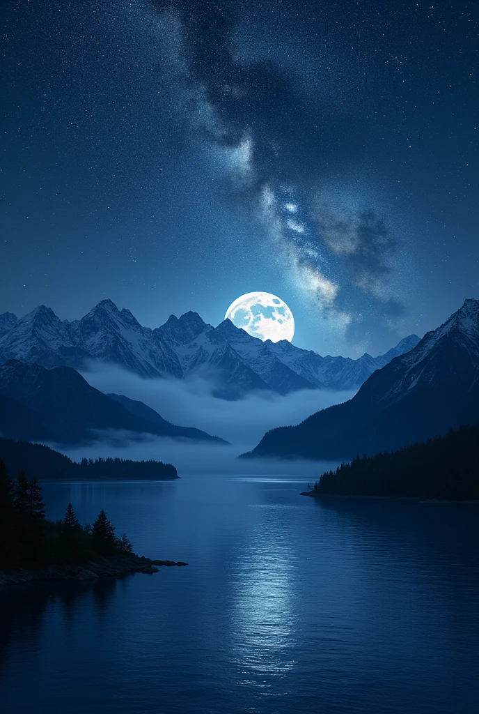 A very starry night. Huge moon behind the mountains. A tranquil lake reflecting the night.. Realistic Scene, detailed, Photorealism, 8k、milky way