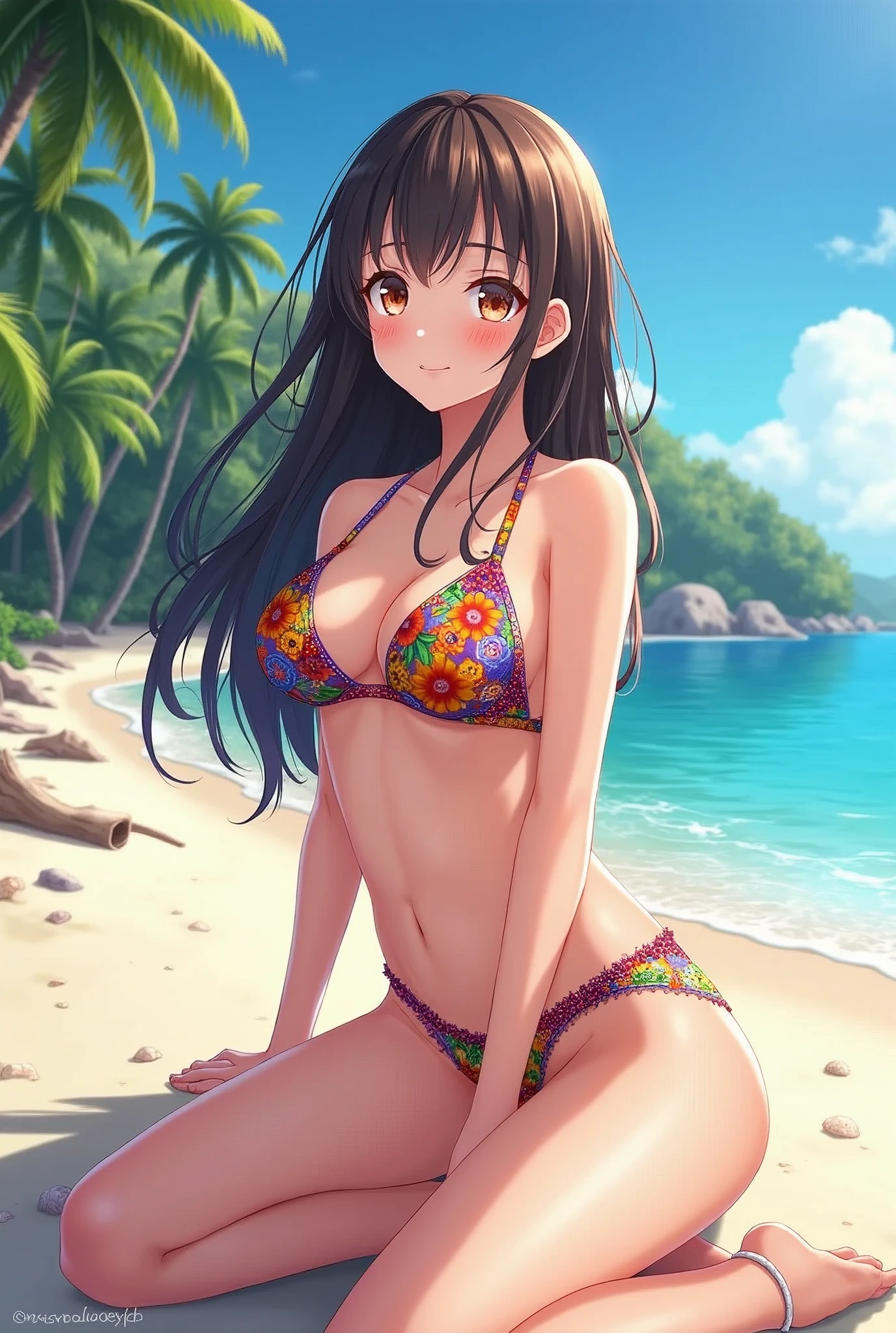 Anime girl in a bikini on the beach 