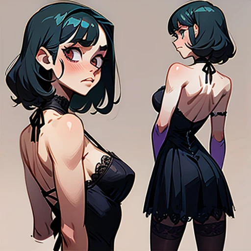 Teenage zombie girl, tall and muscular with greenish skin, black hair with long white streaks and curly style
Con una cara rectangular frente amplia con cejas pinladas busto mediano y caderas grandes y con cicatrices al rededor de la piel
Dressed in purple vintage erotic Lingerie
(((character sheet))) ((various views)) ((front and back) (Face detail) (full body)