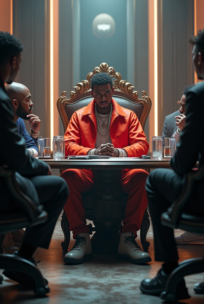 A modern 2024 black rapper artist sitting on a throne in the middle of a round table where others rappers competitors artists are seated.