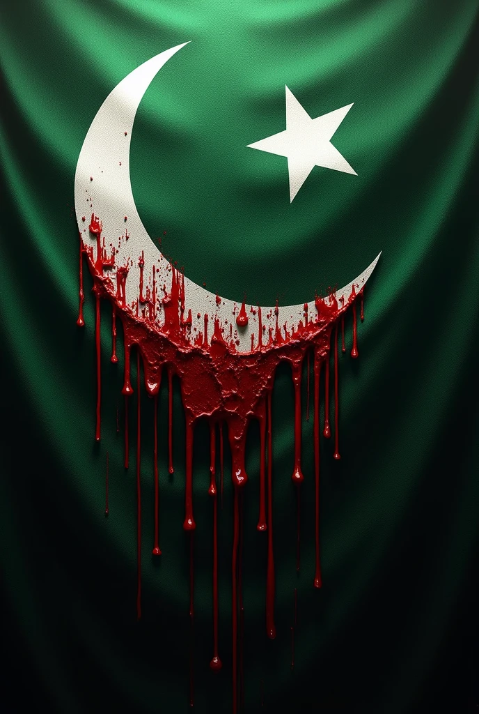 Create an image of the official Pakistani flag in its original form, waving in the wind. The flag should have the correct green color with a white crescent moon and five-pointed star. The flag appears as if it is bleeding, with realistic blood stains and drips seeping from the fabric. The blood should be visible but not overwhelming, symbolizing the damage caused to the nation, while the flag continues to wave, representing resilience and hope.