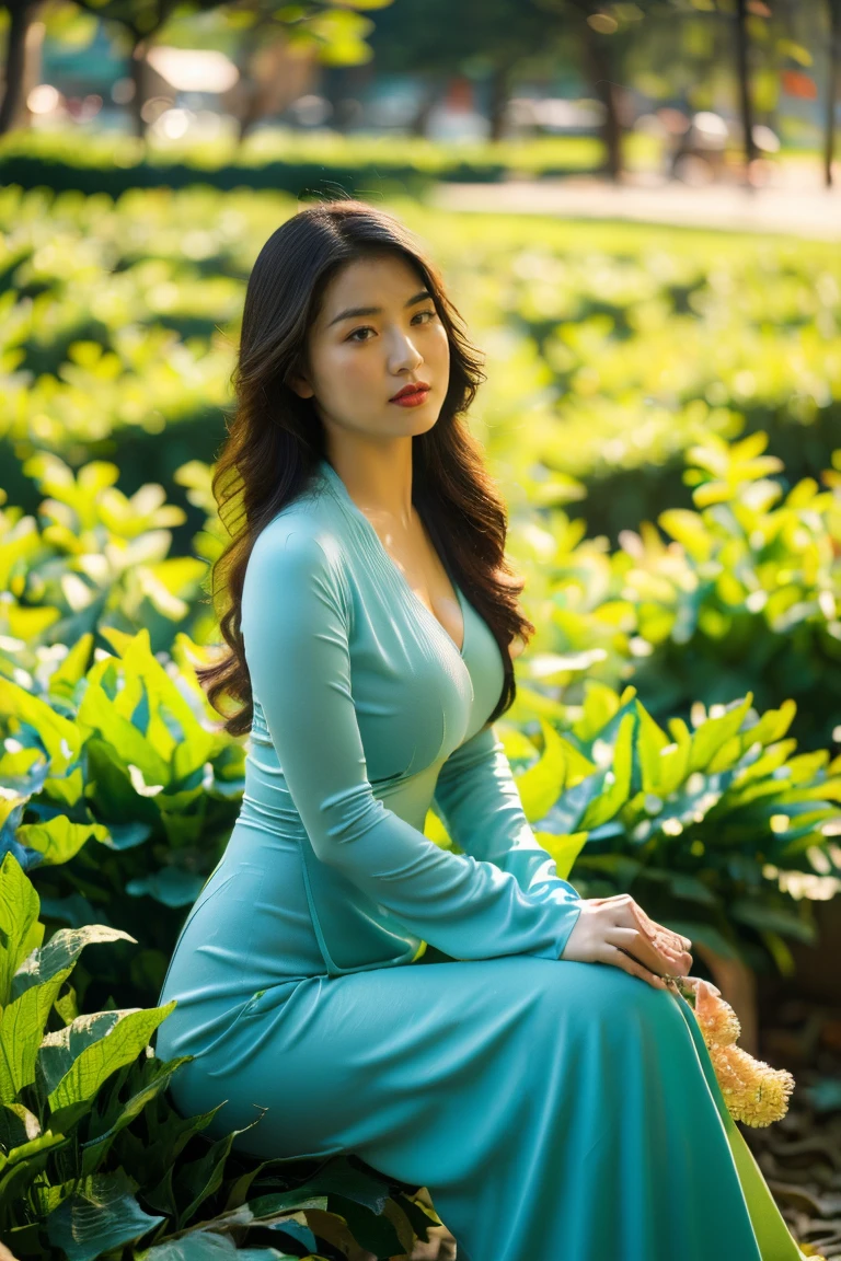 ((1 Vietnamese girl wearing ao dai, chubby body, realistic face with many details, Southeast Asian face, symmetrical face, beautiful woman, round breasts, firm breasts, breasts big, super big , big round , high quality detailed photos, 8k photo quality, chubby body, cleavage, wide angle photo, sitting, deep cleavage, super big , sitting in the field at dawn afternoon, beautiful cleavage, cleavage))