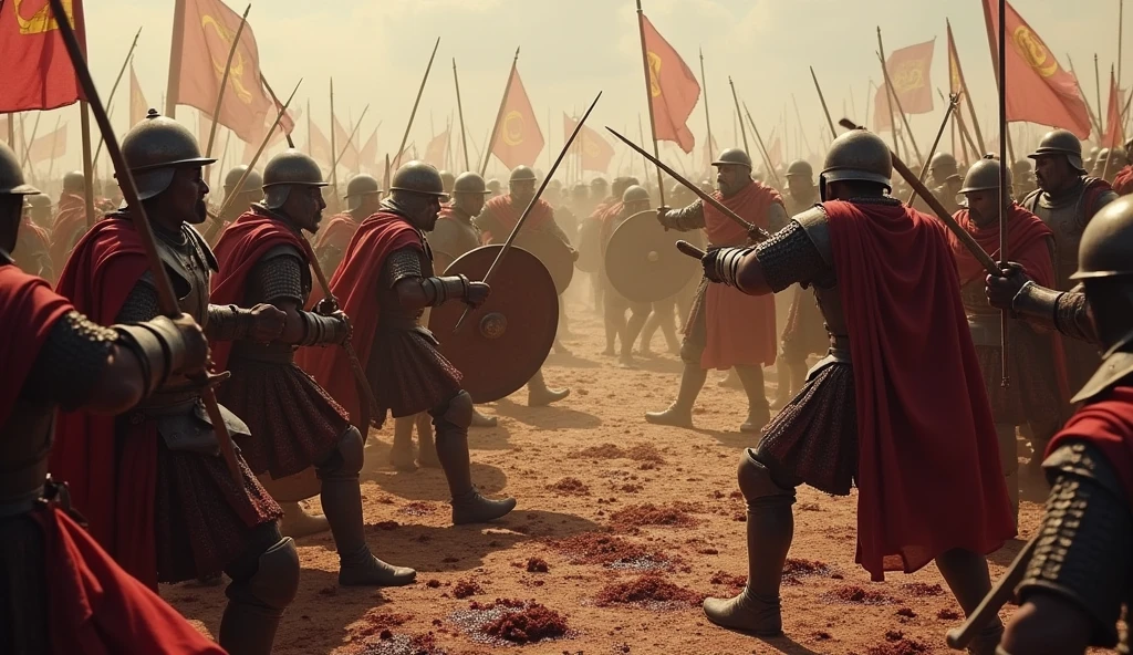 A fierce battle scene between the Crusaders and Roman soldiers, all wearing helmets, unfolds with bloodshed on a war-torn battlefield. The soldiers are engaged in intense combat, wielding swords and shields, with blood staining their armor. The ground is littered with the fallen, both Crusaders and Romans, as the battle rages on around them. The atmosphere is chaotic and brutal, with dust, smoke, and the sounds of clashing steel filling the air. The scene captures the grim reality of medieval warfare, with no mercy shown on either side.