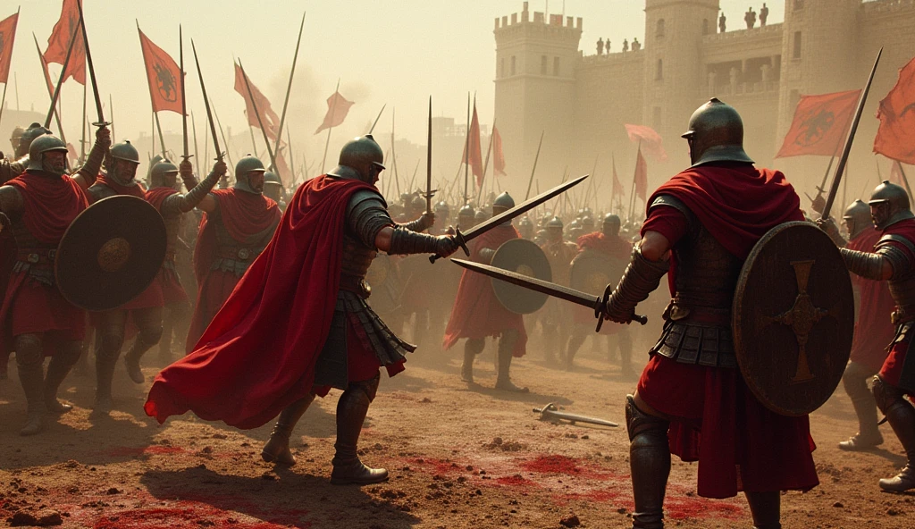 A fierce battle scene between the Crusaders and Roman soldiers, all wearing helmets, unfolds with bloodshed on a war-torn battlefield. The soldiers are engaged in intense combat, wielding swords and shields, with blood staining their armor. The ground is littered with the fallen, both Crusaders and Romans, as the battle rages on around them. The atmosphere is chaotic and brutal, with dust, smoke, and the sounds of clashing steel filling the air. The scene captures the grim reality of medieval warfare, with no mercy shown on either side.