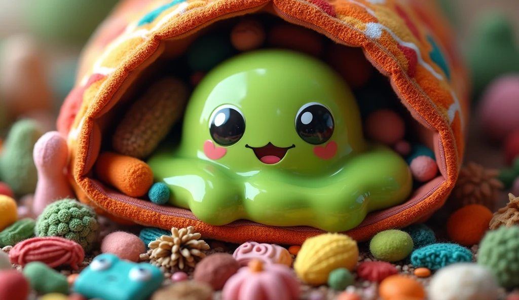 OC Rendering，3d design，best quality，Cute green slime，Close up of a cartoon bag with a bunch of items，Clear outline，Picture quality HD，Ultra-clear picture quality，Deep Depth of Field，Game Art, 2d Game Art