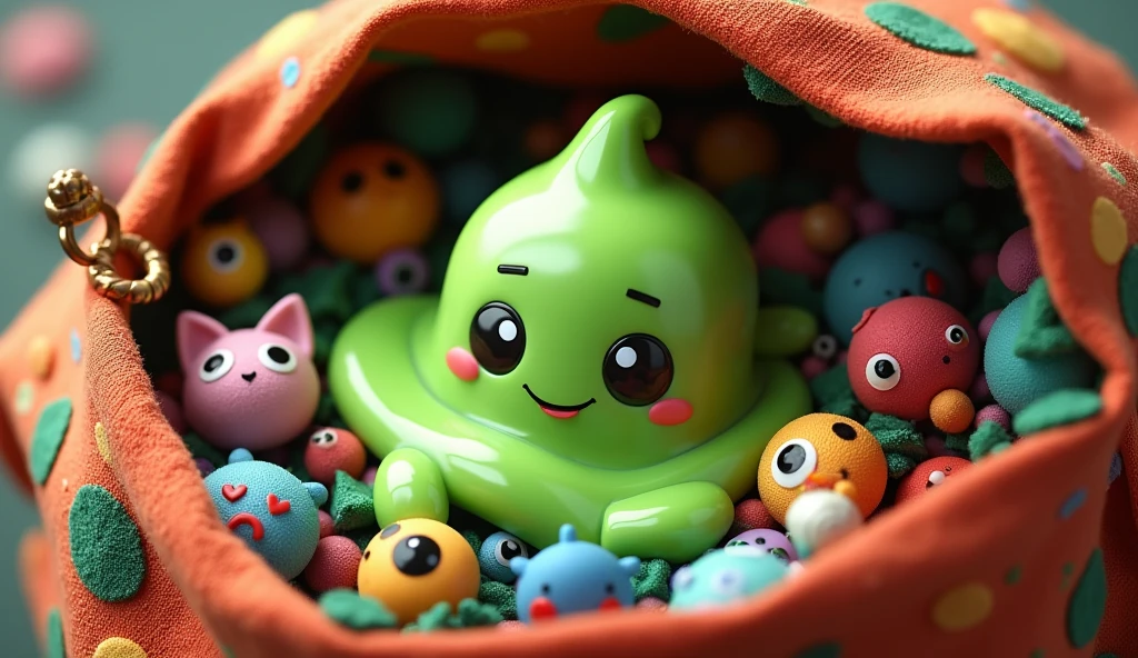 OC Rendering，3d design，best quality，Cute green slime，Close up of a cartoon bag with a bunch of items，Clear outline，Picture quality HD，Ultra-clear picture quality，Deep Depth of Field，Game Art, 2d Game Art