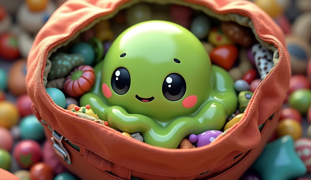 OC Rendering,3d design,best quality,Cute green slime,Close up of a cartoon bag with a bunch of items,Clear outline,Picture quality HD,Ultra-clear picture quality,Deep Depth of Field,Game Art, 2d Game Art
