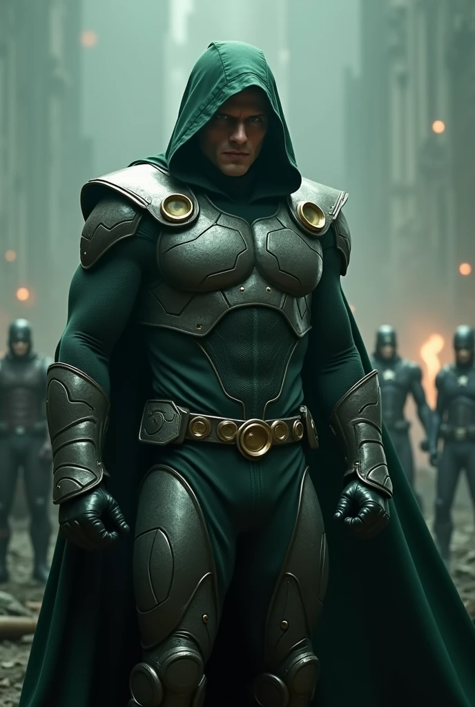 Cillian Murphy as Dr. Victor Von Doom, I'll describe him without the mask, emphasizing his role as a powerful, sinister figure with a muscular build. I'll include him in his iconic metallic Doom armor, but with the face visible, showing his cold, intense expression. The background will feature a haunting scene of the Avengers defeated, creating a dark and ominous atmosphere.