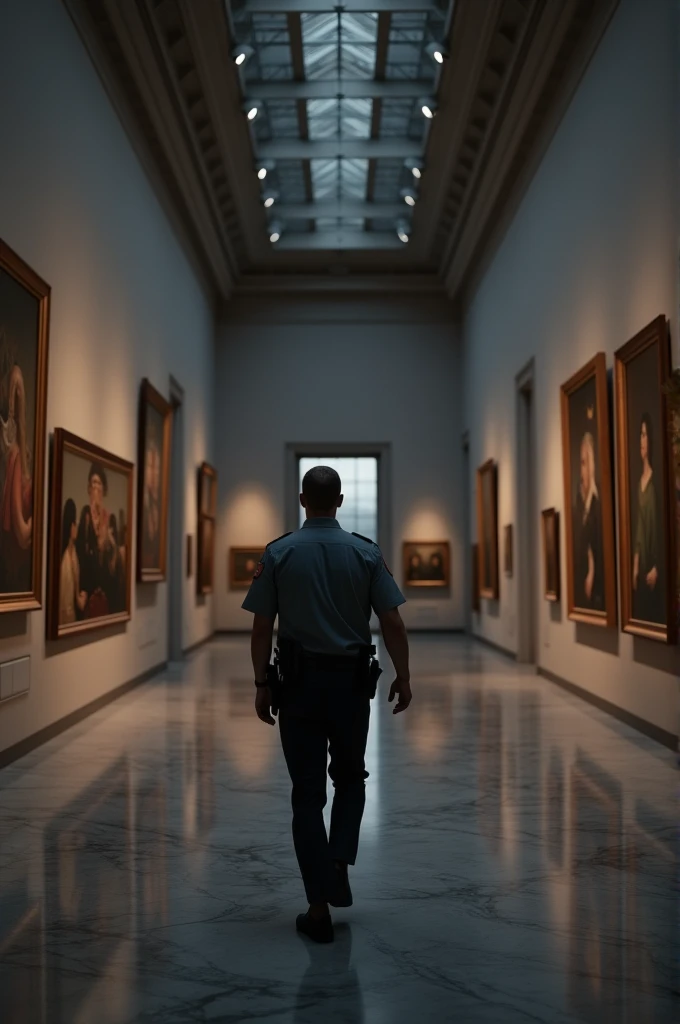 A security guard walking in the gallery of a building  at night time
