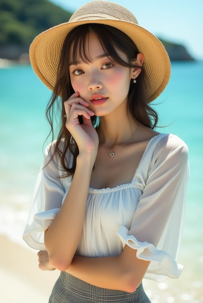 (masterpiece, 8k, best quality, RAW photo, photo realistic, ultra detailed), (insanely detailed and intricate:1.2), (beautiful Japanese girl), slender, 20yo, kawaii, cute, detailed face, detailed eyes, brown eyes, (thin eyebrow), detailed skin, (light brown hair), (wavy hair), (medium hair), blush, (small breasts), cleavage, (white cropped brause:1.4), (gray checked skirt), earrings, (necklace), bracelet, (looking at viewer:1.4), (close-up face:1.1), (seductive pose:1.2), (standing:1.2), (arm rest on chin), (wistful smile), (straw hat), BREAK (overlooking turquoise sea), (sunlight), (beach), (cowboy shot)
