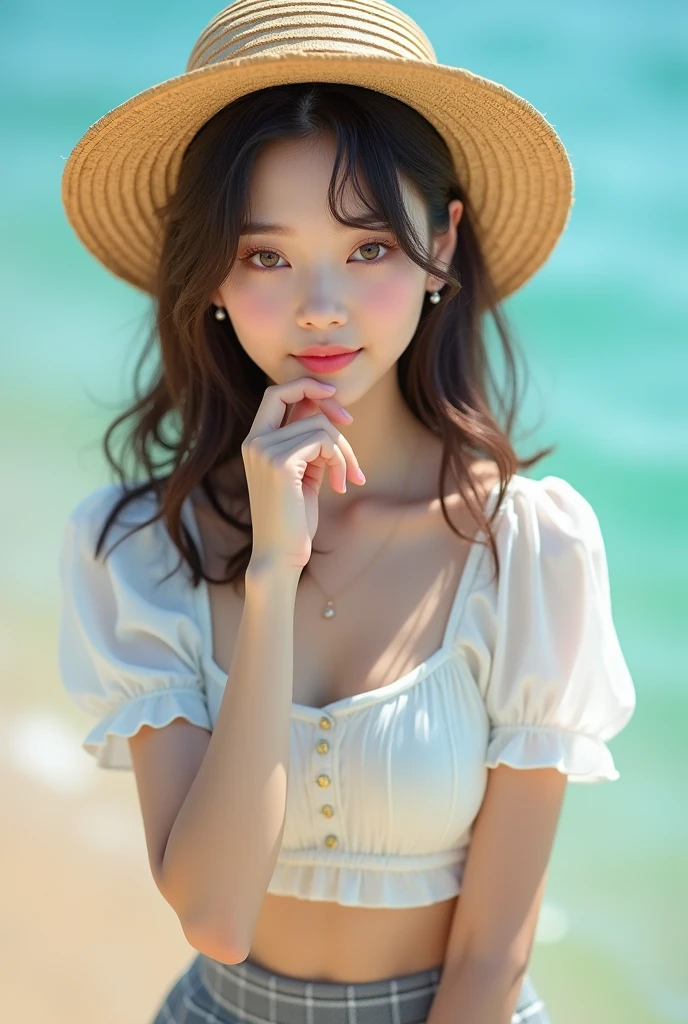 (masterpiece, 8k, best quality, RAW photo, photo realistic, ultra detailed), (insanely detailed and intricate:1.2), (beautiful Japanese girl), slender, 20yo, kawaii, cute, detailed face, detailed eyes, brown eyes, (thin eyebrow), detailed skin, (light brown hair), (wavy hair), (medium hair), blush, (small breasts), cleavage, (white cropped brause:1.4), (gray checked skirt), earrings, (necklace), bracelet, (looking at viewer:1.4), (close-up face:1.1), (seductive pose:1.2), (standing:1.2), (arm rest on chin), (wistful smile), (straw hat), BREAK (overlooking turquoise sea), (sunlight), (beach), (cowboy shot)