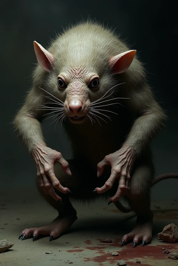 Rat faced hairy creature hunched over crouching.