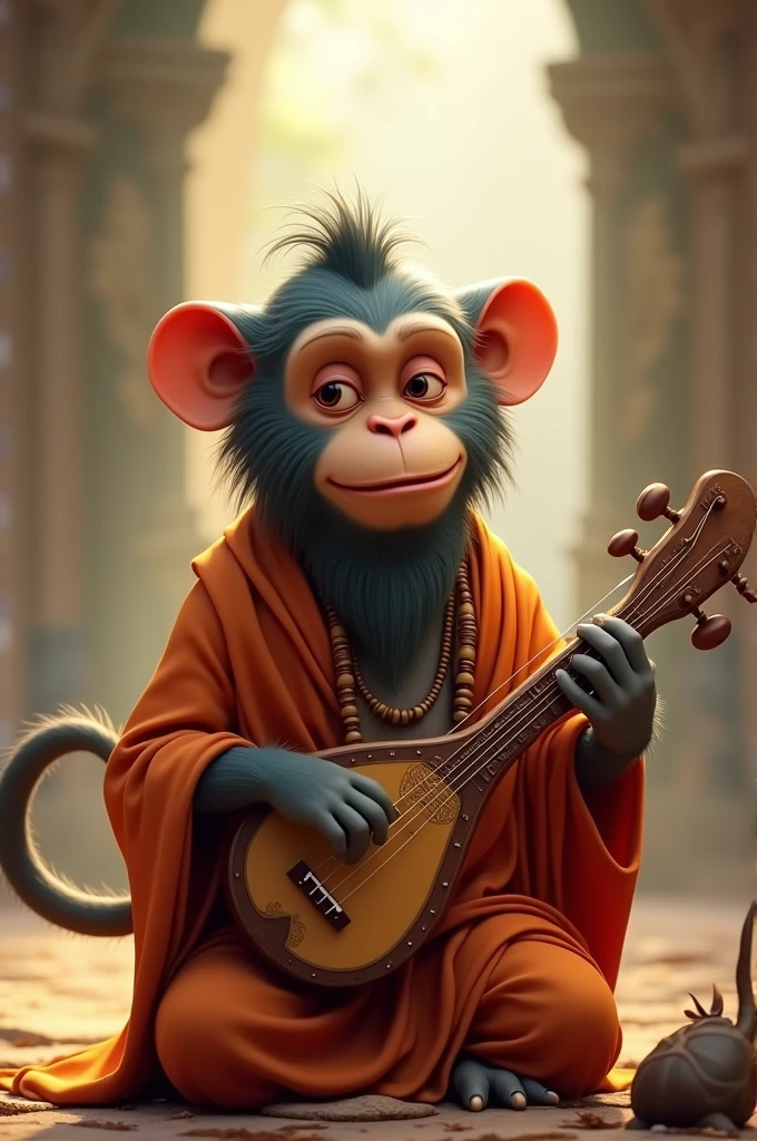 In cinematic 3d cartoon style : In the center of the scene, dressed in traditional sage attire with a veena in hand, but with a monkey's face instead of a human face. His expression is a mix of pride and confusion