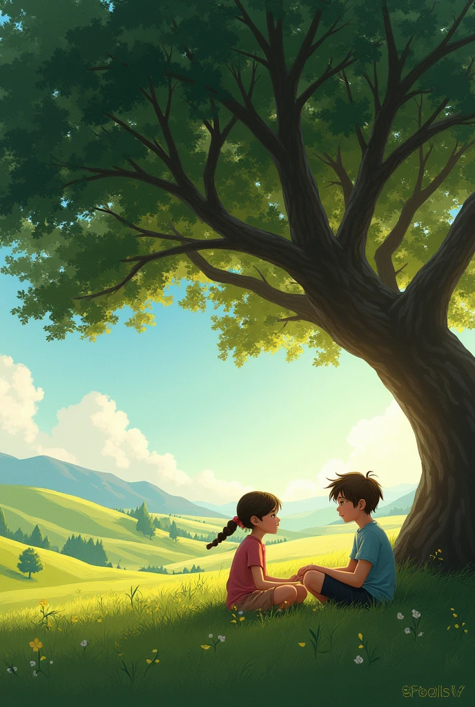 A girl and a boy sitting under a big tree