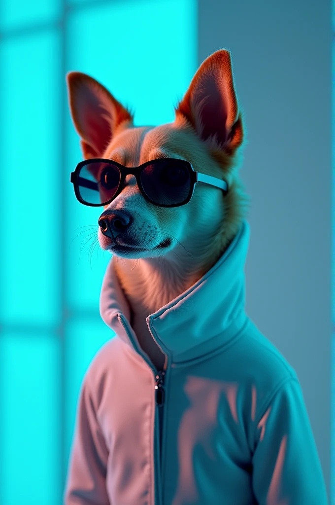 The best cell phone wallpaper, Award-Winning Wallpaper, portrait photography, In the front view is a portrait of a cute dog wearing mid-1960s space age fashion, Side view photo, Shot with Canon EOS R5, Set a strong contrast that accentuates the subject, Fluorescent blue tone, Wearing a very modern coat and sunglasses is a modern 1960s style, Clothes all in one color, beautiful background