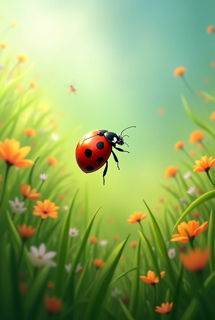 In a lush green meadows flying a lady bug
