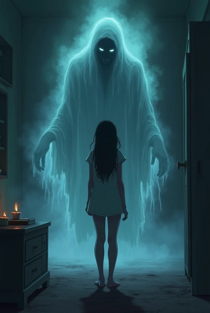 Jennifer confronting a ghostly figure in her room. The ghost is ethereal and menacing, with a dark aura. The scene is filled with tension and fear."animation form