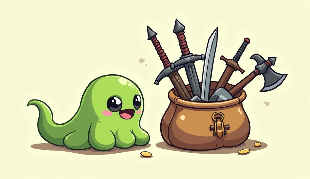 OC Rendering,3d design,best quality,Cute green slime,A cartoon bag with a bunch of weapons,Clear outline,Picture quality HD,Ultra-clear picture quality,Deep Depth of Field,Game Art, 2d Game Art