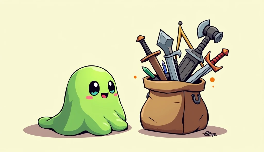 OC Rendering,3d design,best quality,Cute green slime,A cartoon bag with a bunch of weapons,Clear outline,Picture quality HD,Ultra-clear picture quality,Deep Depth of Field,Game Art, 2d Game Art