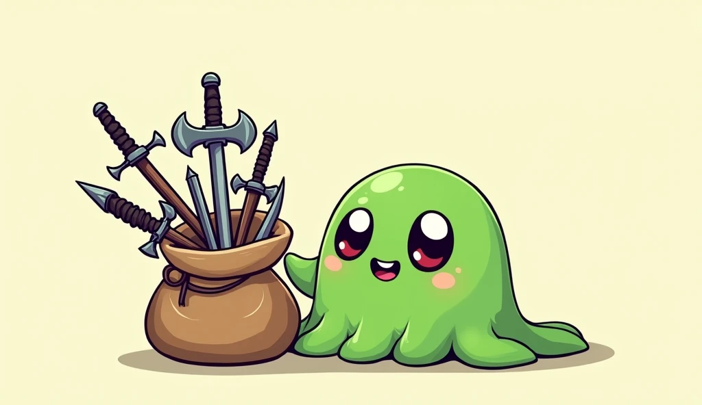 OC Rendering,3d design,best quality,Cute green slime,A cartoon bag with a bunch of weapons,Clear outline,Picture quality HD,Ultra-clear picture quality,Deep Depth of Field,Game Art, 2d Game Art