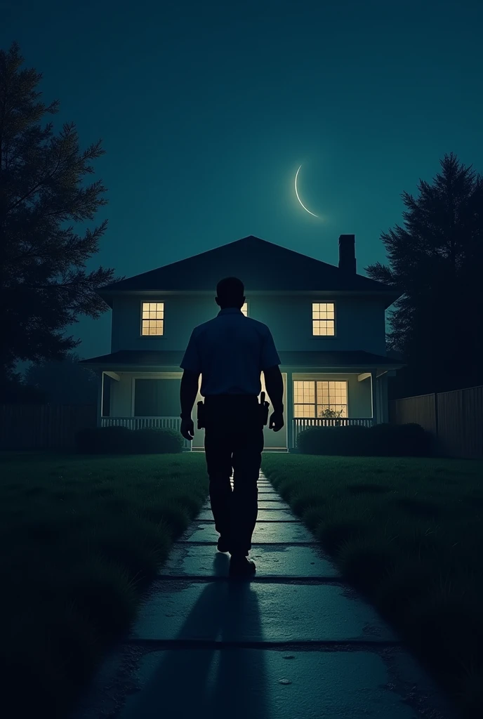 A security guard walking in a FENCELESS home at night time