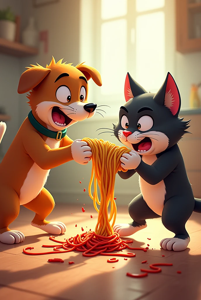 Max and Whiskers are in the midst of their tug-of-war. Max is pulling on one end of the noodle with a playful bark, while Whiskers, gripping the other end with her claws, has a look of fierce determination. The noodle is stretched dramatically between them, and spaghetti sauce is beginning to splatter around the kitchen.
- **Style:** Dynamic and action-packed, with sauce and noodle movement emphasized.
