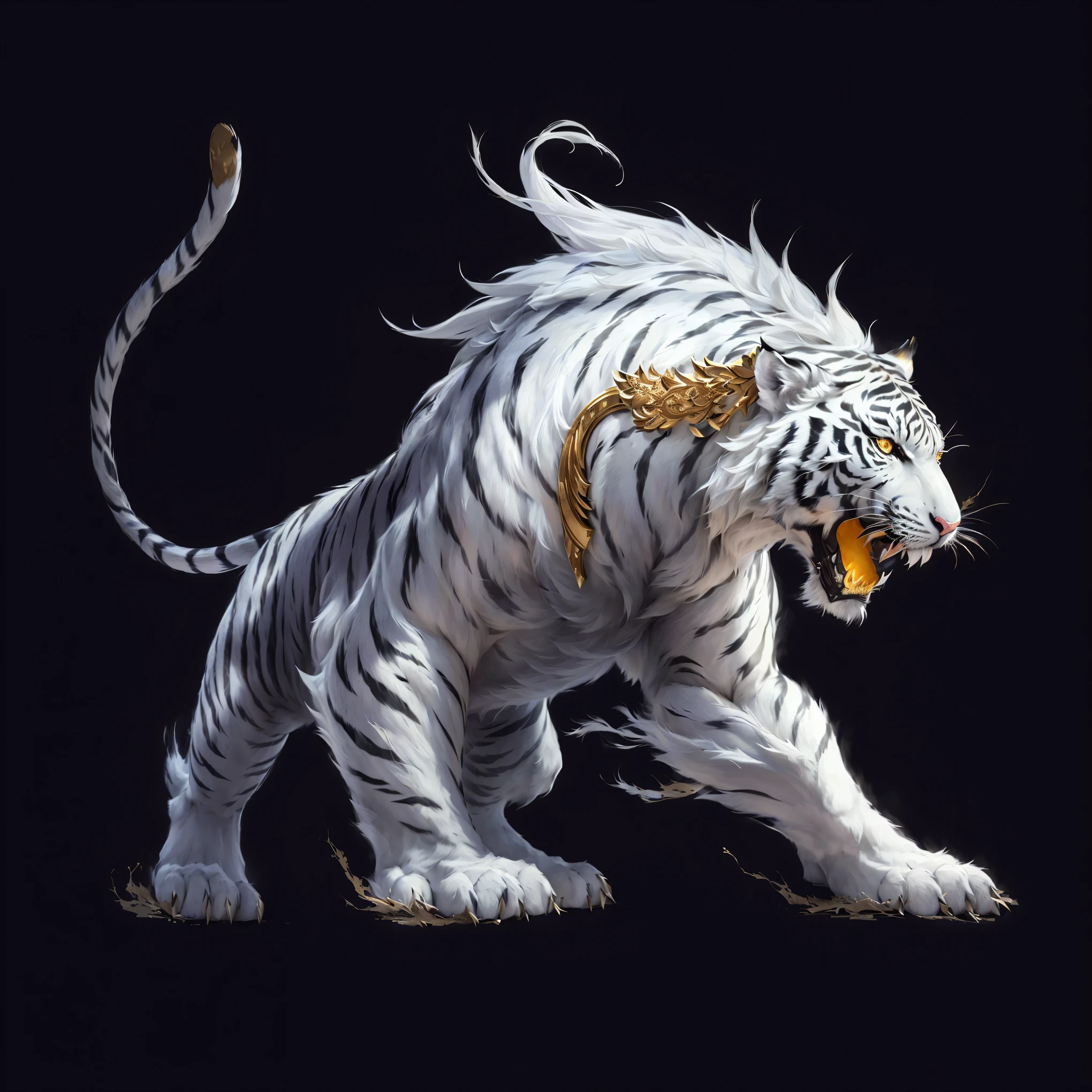 there is a white tiger with a gold head and a black background, tiger_beast, white tiger, feng zhu |, anthropomorphic tiger, tiger, author:Li Kan, sacred tiger, ((tiger)), The numbers are very detailed, author:Travel in Kana, Three 0, Kerem couplet, shrike, author Min Zhen